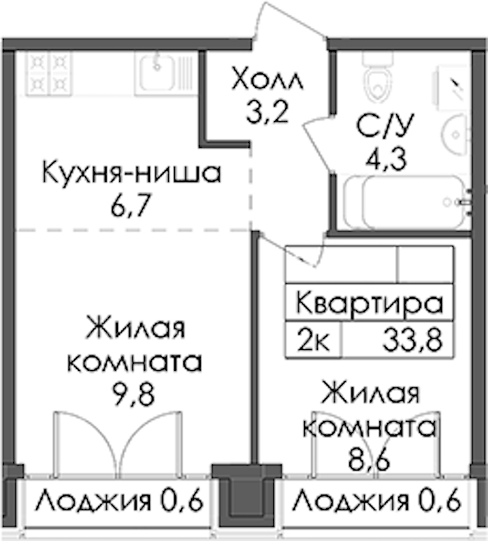 1-комнатная квартира 33.8 м², 9/9 эт., ЖК «Лермонтовский 54»